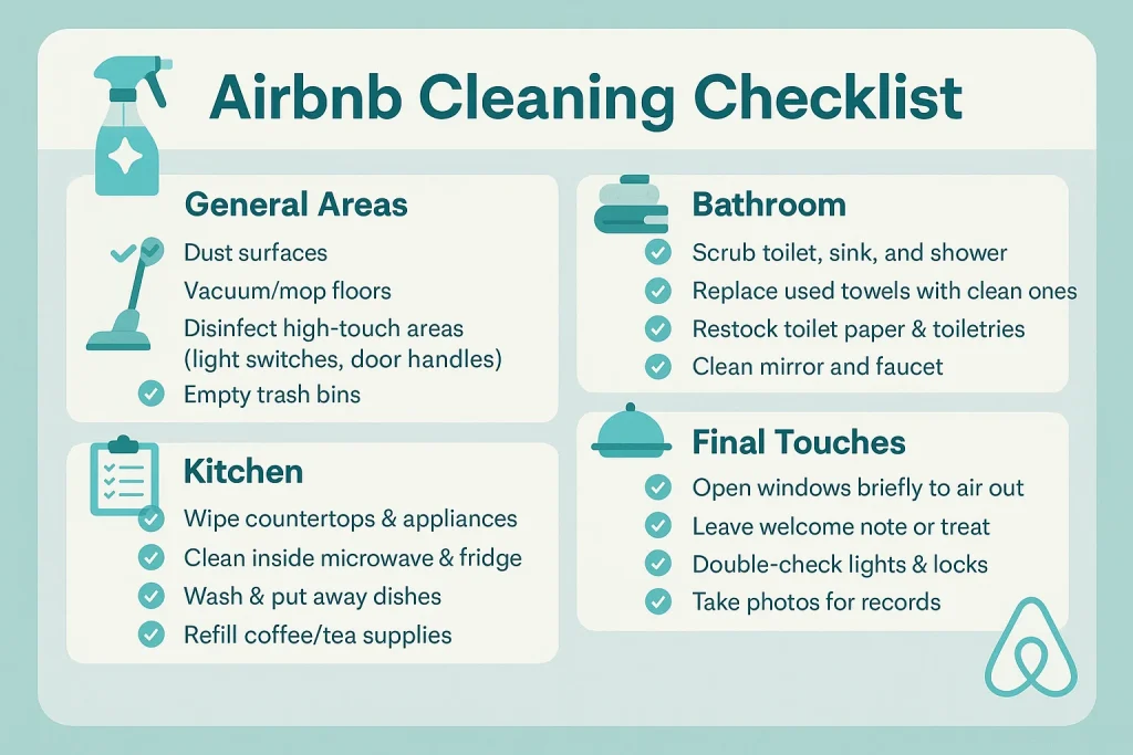 Get the best Airbnb Cleaning Checklist for hosts to get the best satisfaction & 5 star rating