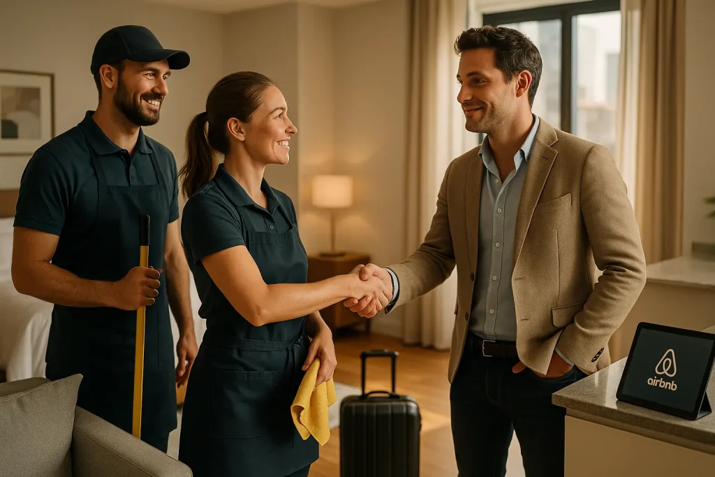 Professional Airbnb cleaner signing Airbnb Cleaning Contracts with host in modern apartment — business agreement for short-term rental cleaning service